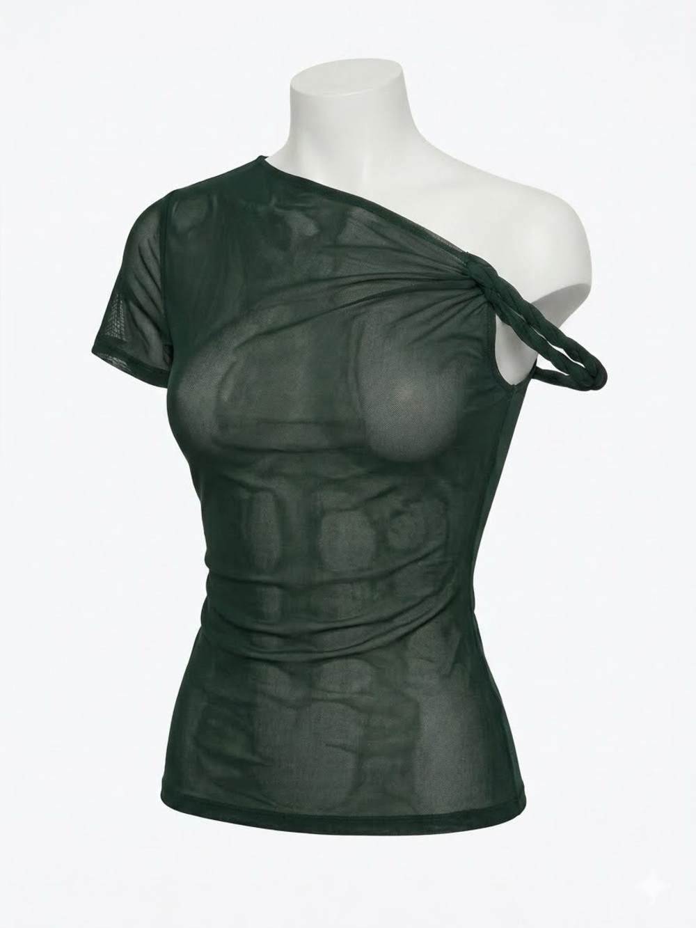 Zara Dark Green Women's Mesh Asymmetrical Ruched Sleeve Top - Brand New